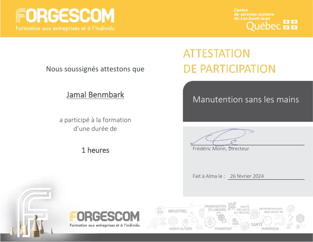 Aperçu du certificat Manutention sans les mains